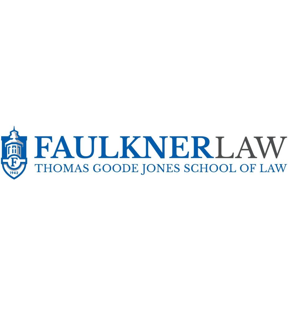Logo of Faulkner Law, Thomas Goode Jones School of Law. Features blue text and a blue icon on the left depicting a building with the letter "F" and the year "1923" inside a shield shape.