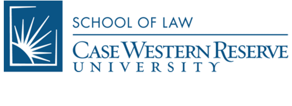 Logo of Case Western Reserve University's School of Law. It features a blue square with a white stylized book or ray design on the left and the school's name in blue text on a white background to the right.