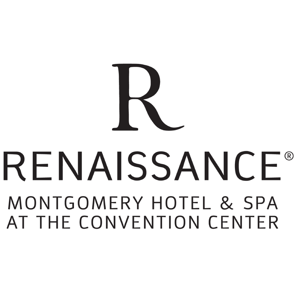 Logo for Renaissance Montgomery Hotel & Spa at the Convention Center. It features a large stylized letter "R" above the name of the hotel.