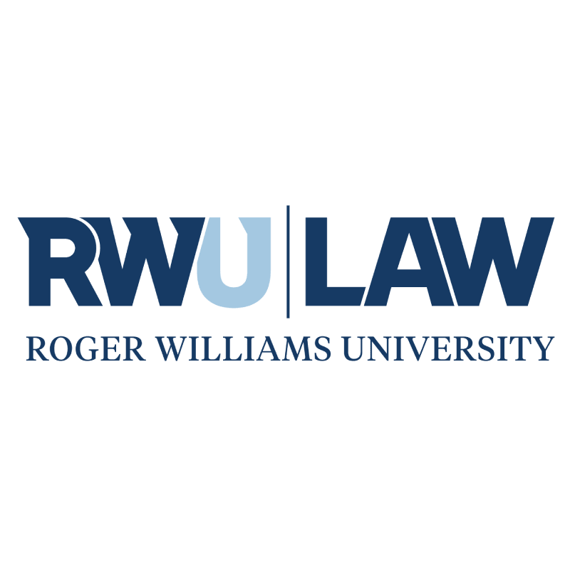 Logo of Roger Williams University School of Law. It features the text "RWU LAW" in bold, dark blue letters, with a lighter blue "U". Below, "Roger Williams University" is written in a smaller font. The background is white.